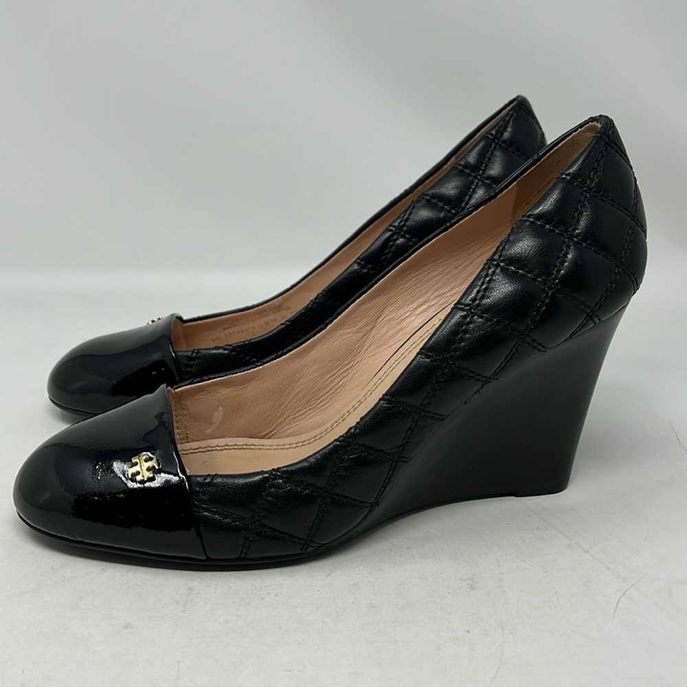 Tory Burch Black Quilted Leather Wedge Pumps - Picture 2 of 16